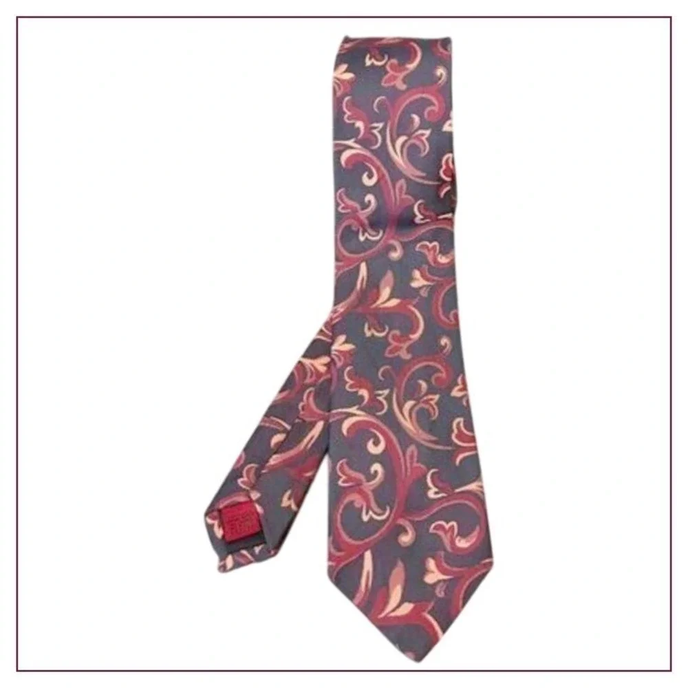 Alfani Men's Tie Dark Gray Red Floral Pattern‎ Silk Blend Business Formal